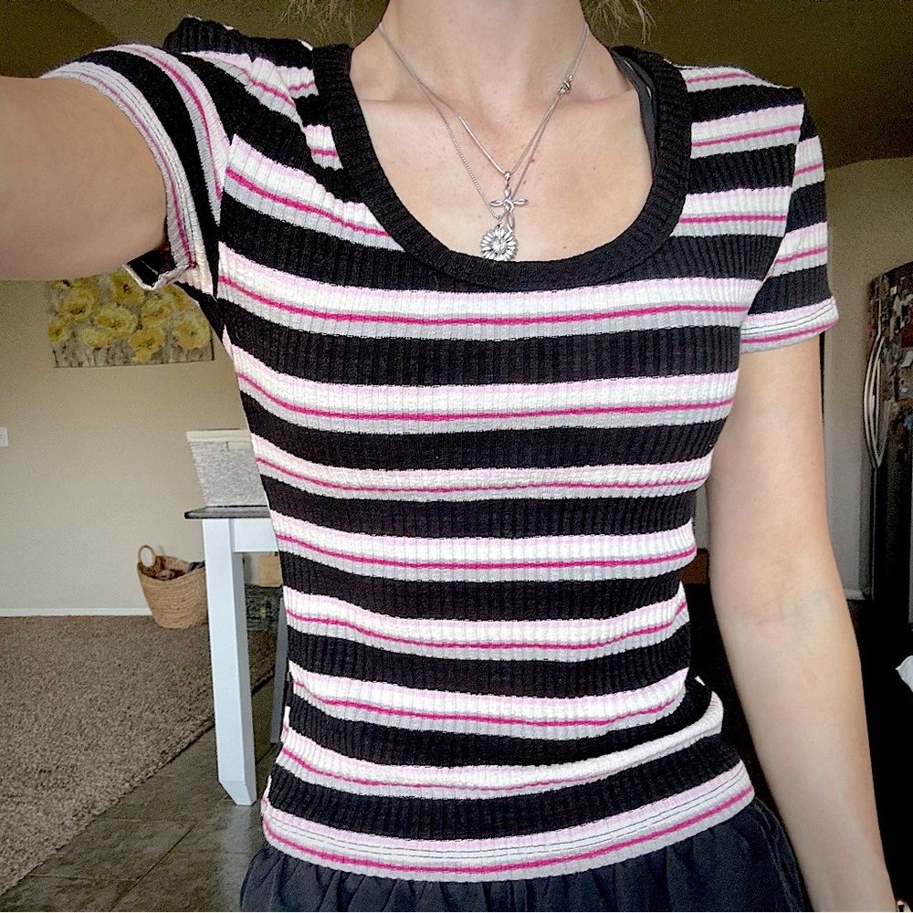 Y2K Black Pink Grey Short Sleeve Scoop Ribbed Tshirt Top S